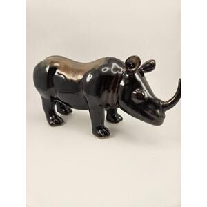 ​Chic Kitsch Vintage Large Ceramic Rhino Figurine Brown Drip Glaze Safari Decor